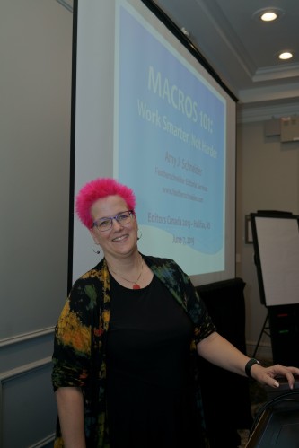 Photo of Amy J. Schneider at her seminar “Macros 101: Work Smarter, Not Harder” on June 7, 2019, at Editors Canada 40th anniversary conference in Halifax, Nova Scotia.