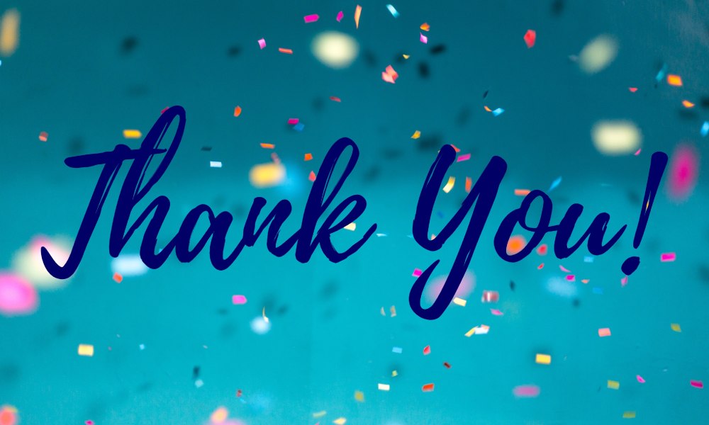 Words "Thank You!" in cursive script on teal background with colourful confetti falling down.