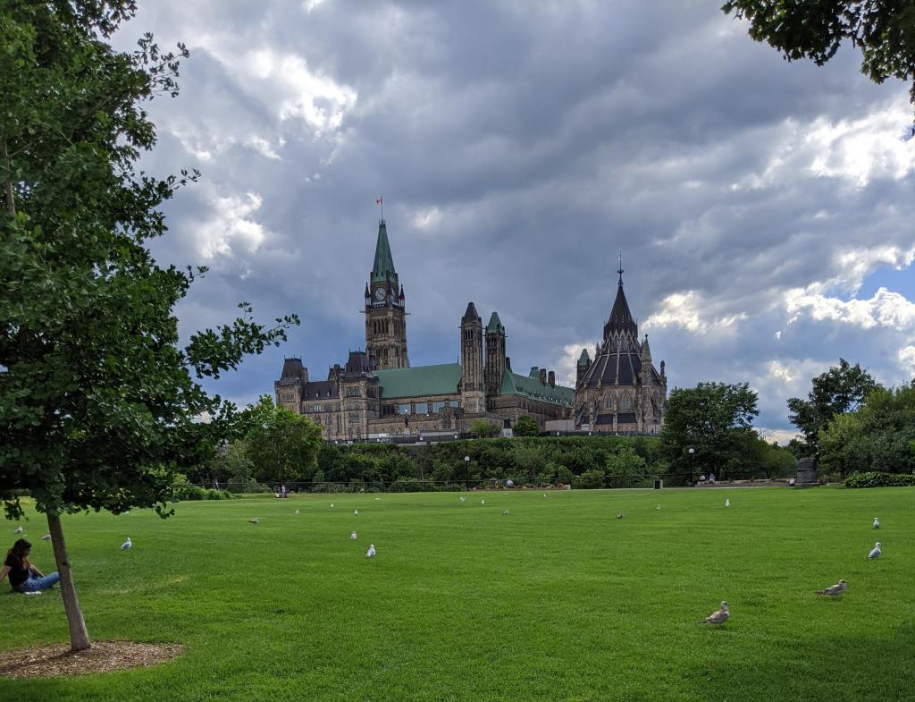 Ottawa's parliament buildings with trees in the foreground. 