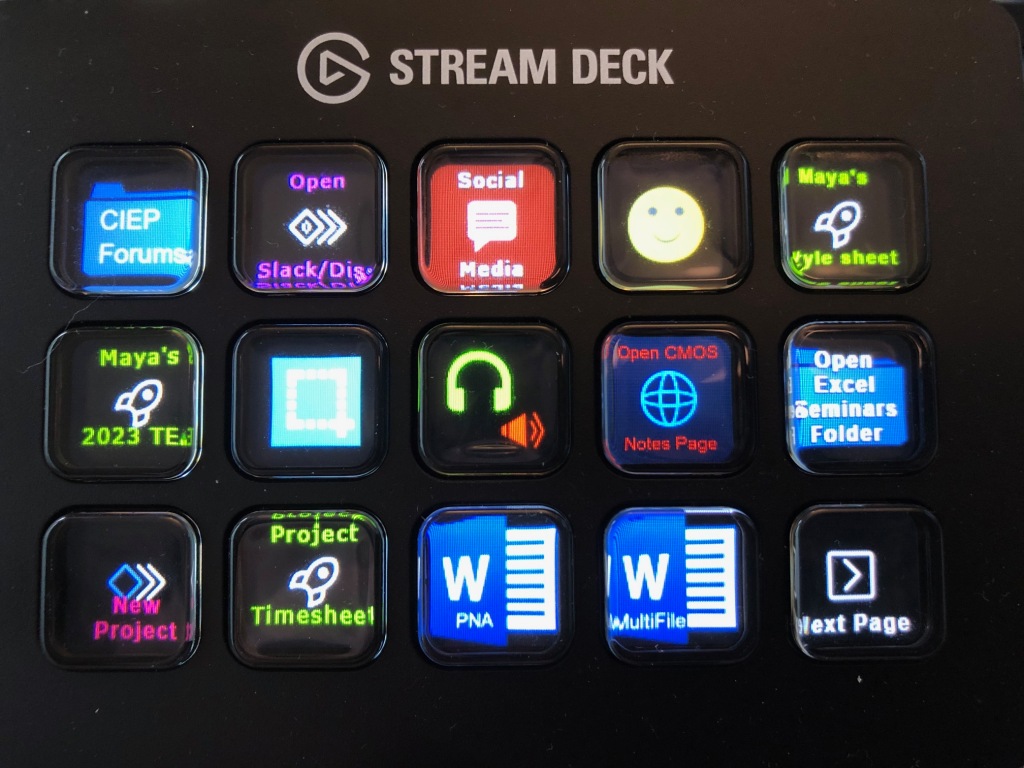Front view of Maya's Elgato Stream Deck MK.2, displaying 15 keys with colourful icons.