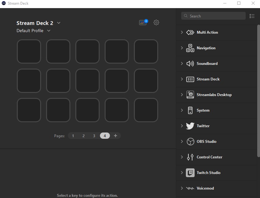 The Elgato Stream Deck app, displaying a blank 15-key keypad and a list of action categories.
