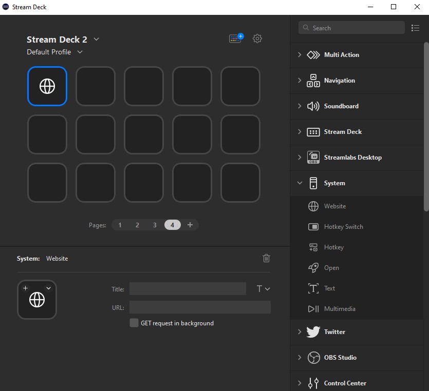 The Elgato Stream Deck app, displaying a keypad and a list of action categories. The top left key has a website icon in it.