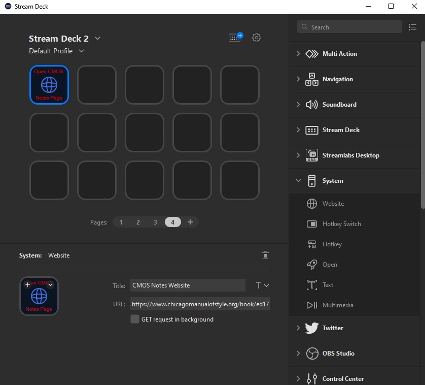 The Elgato Stream Deck app, displaying a keypad and a list of action categories. The top left key has a customized blue website icon with text reading "Open CMOS Notes Page."

Below the keypad, the title field reads "CMOS Notes Website" and the URL field includes a link to a CMOS web page.