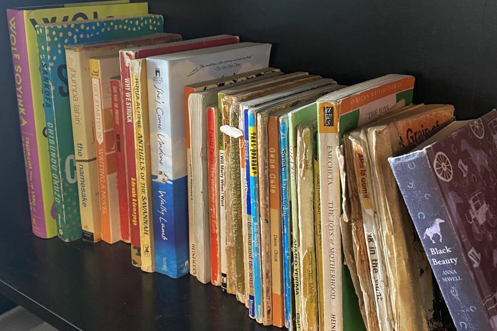 A row of books on a bookshelf