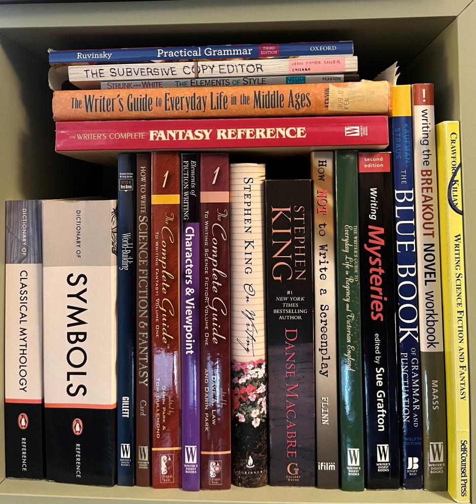 Approximately 20 books are on a shelf.