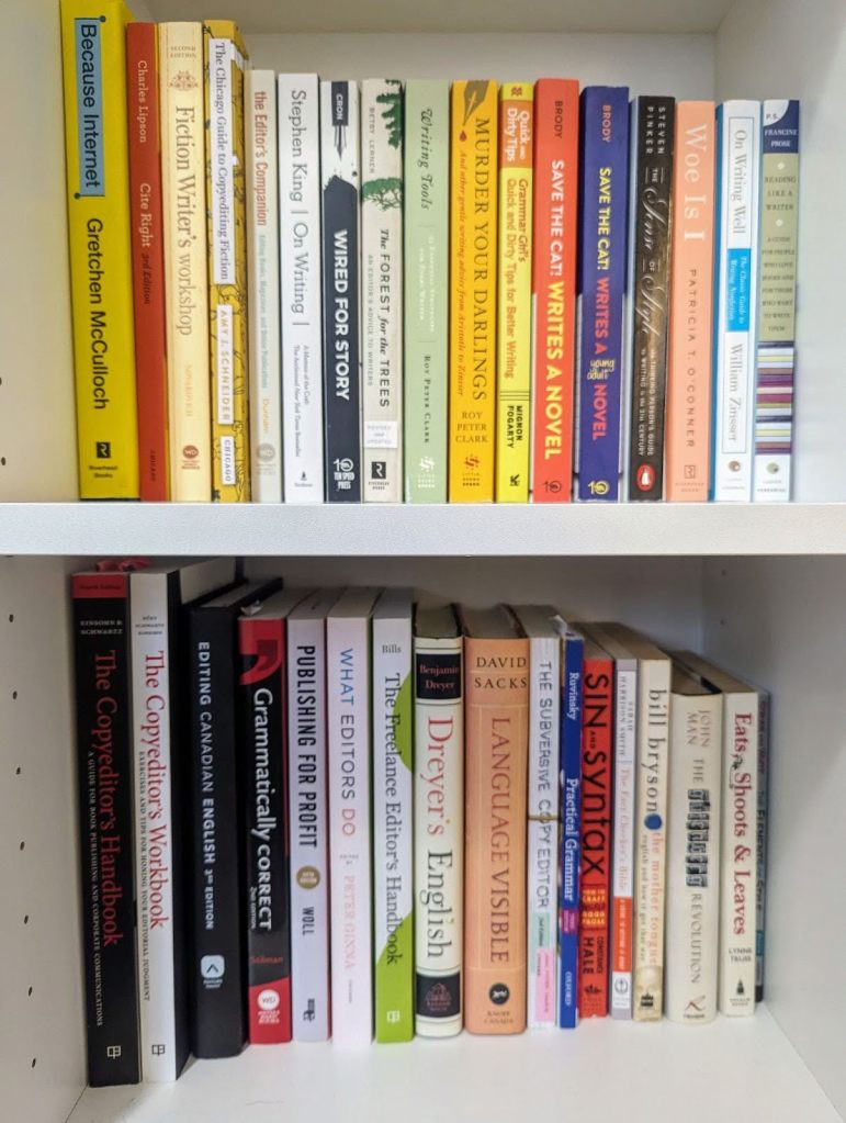 Two rows of books on Michelle Noble's bookshelf. 