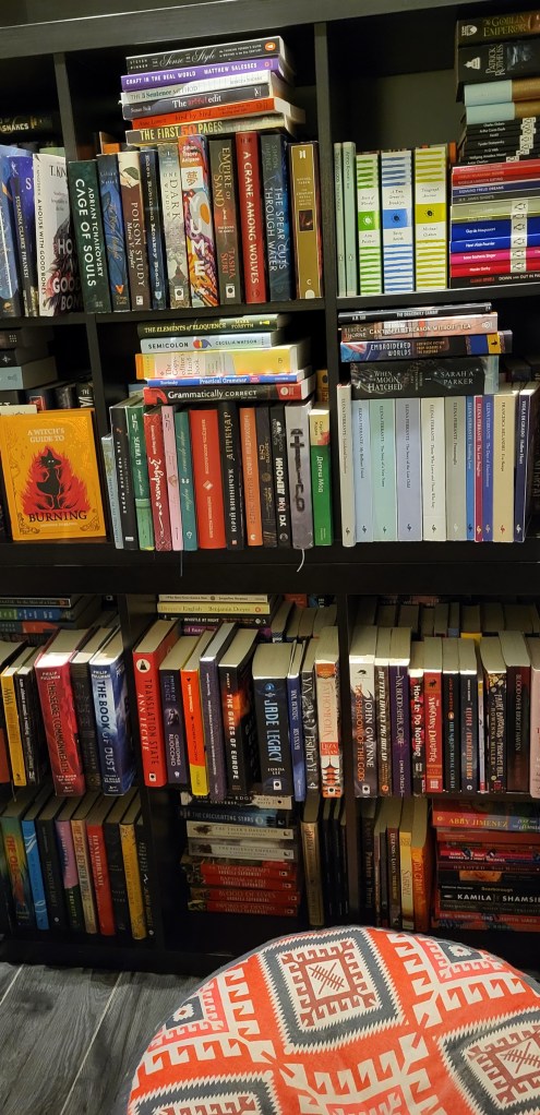 Anna Bendiy's bookshelf with four levels and various books.