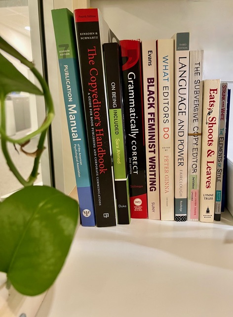 Stacey Berquist's bookshelf with several mentioned titles and a plant in the foreground.