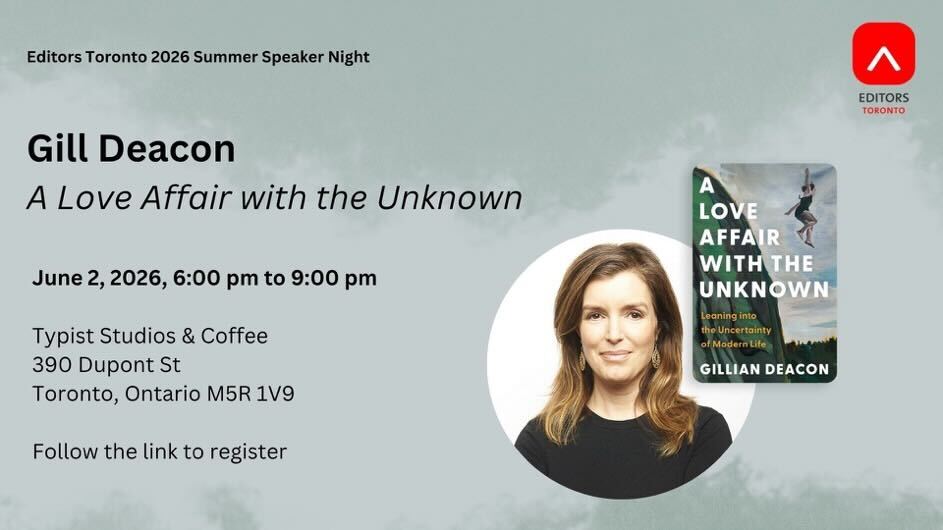 An invitation to a speaker event with a photo of Gill Deacon and her book, "A Love Affair with the Unknown".