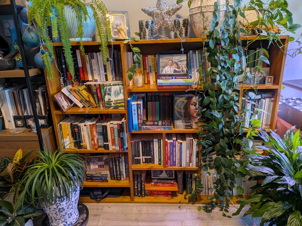 A bookshelf with lots of books and indoor plants.